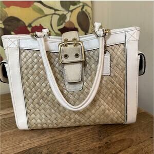 Coach Vintage Hampton Basket Weave Straw Suede Leather Satchel Tan White 4419